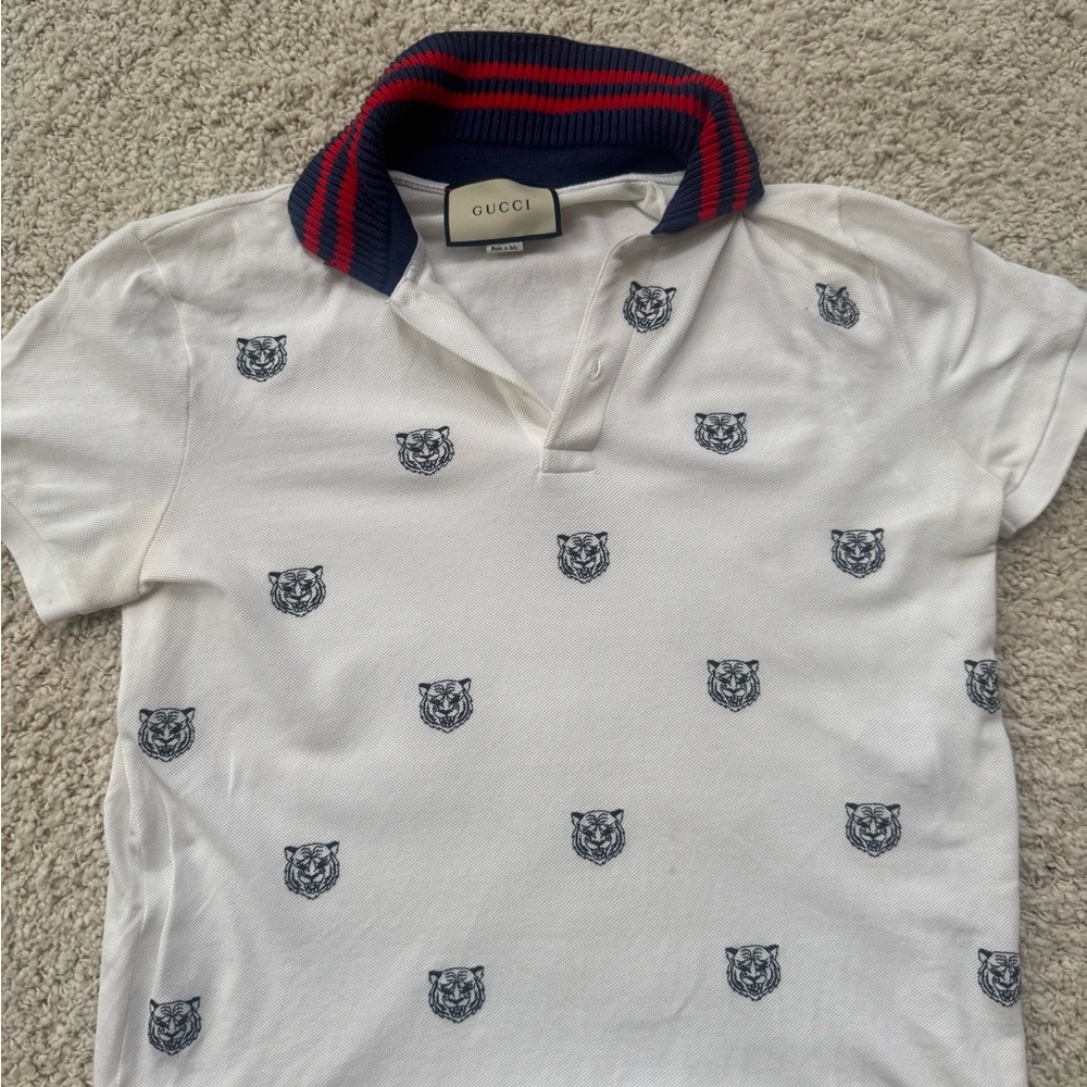 Gucci White and Blue Polo Shirt with Tiger Pattern